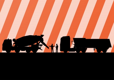 Heavy duty concrete making trucks and tractors in highway roadway construction site landscape illustration background vectorのイラスト素材