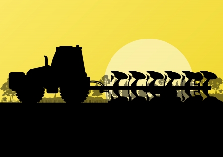Agriculture tractor plowing land in cultivated country fields landscape background illustration vectorのイラスト素材