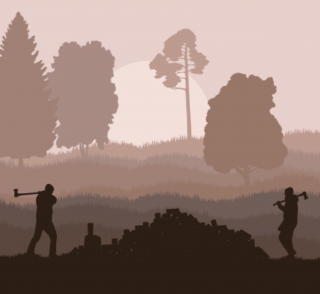 Lumberjack with axe vector background in nature for posterのイラスト素材