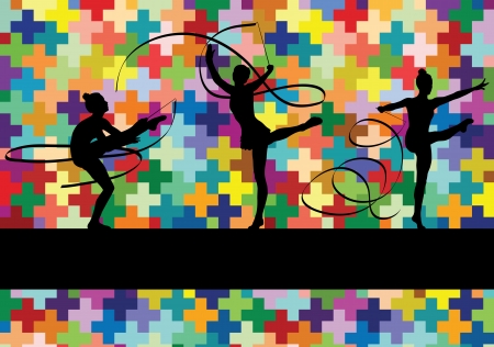Young women doing calisthenics art gymnastics sport tricks with ribbon in abstract background illustration vectorのイラスト素材
