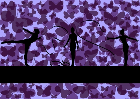 Young women doing calisthenics art gymnastics sport tricks with ribbon in abstract background illustration vectorのイラスト素材