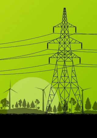 Power high voltage electricity tower line in countryside forest nature landscape background のイラスト素材