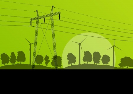 high voltage electricity tower line in countryside forest nature landscape backgroundのイラスト素材