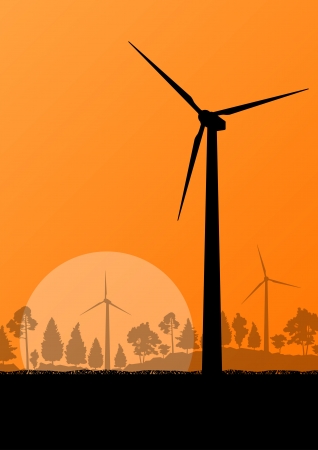 Wind electricity generators and windmills in countryside forest nature landscape ecology illustration background vectorのイラスト素材