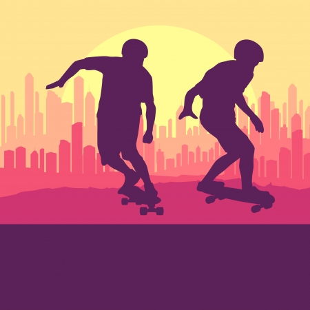 Skater silhouette in front of city landscape backgroundのイラスト素材