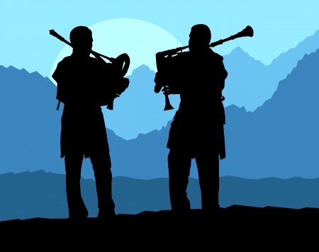 Scottish bagpiper silhouette landscape backgroundのイラスト素材