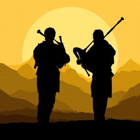 Scottish bagpiper silhouette landscape backgroundのイラスト素材