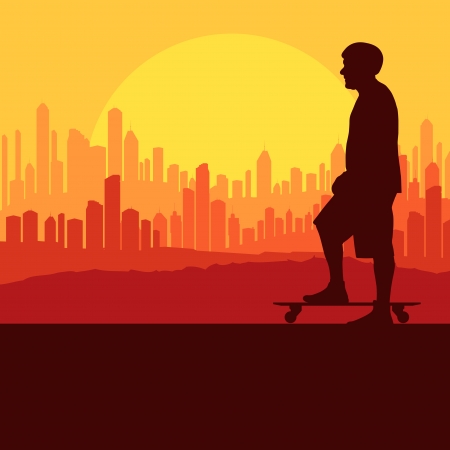 Skater silhouette in front of city landscape backgroundのイラスト素材