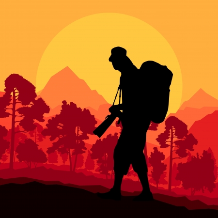 Photographer silhouette in wild mountain forest nature landscape backgroundのイラスト素材