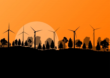 Alternative energy electricity wind generators in countryside forest nature landscape illustration backgroundのイラスト素材