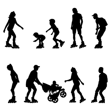 Roller skating, in line skaters background set with man, woman, teenager and kidsのイラスト素材