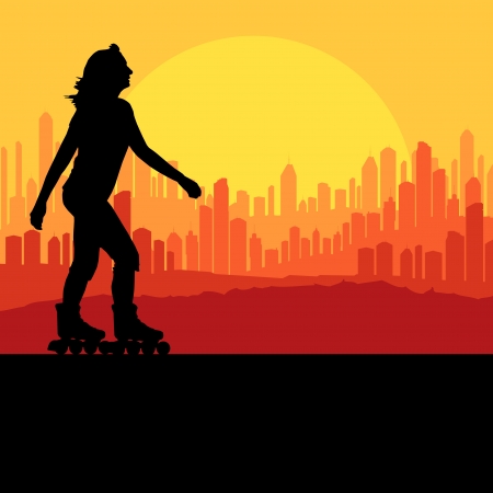 Woman roller skating background with city and sunsetのイラスト素材