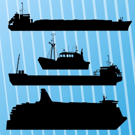 Freight ship, fishing boat and travel ferry boat set silhouettes backgroundのイラスト素材
