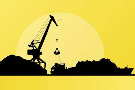 Freight ship in harbor, coal loading with crane backgroundのイラスト素材