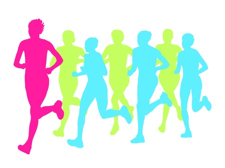 Women marathon winner finish background and group of runnersのイラスト素材