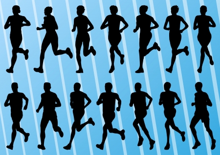 Marathon runners detailed active man and woman illustration silhouettes collection backgroundのイラスト素材
