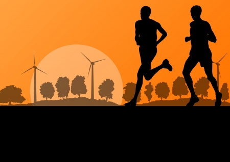 Men marathon runners in wild countryside forest nature landscape with wind generators background illustrationのイラスト素材