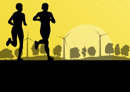 Women marathon runners in wild countryside forest nature landscape with wind generators background illustrationのイラスト素材