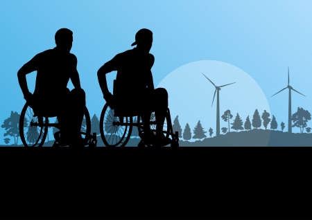Active disabled men on a wheelchair detailed sport concept silhouette illustration in countryside forest nature backgroundのイラスト素材