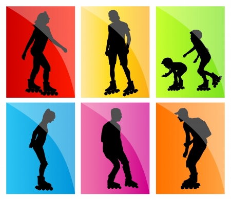 Roller skating, in line skaters vector background set with man, woman, teenager and kids for posterのイラスト素材