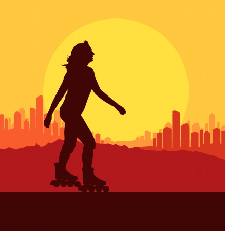 Woman roller skating background with city and sunsetのイラスト素材