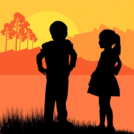 Happy children girl and boy background landscapeのイラスト素材