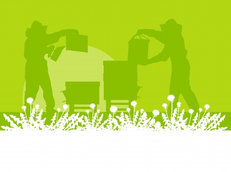 Beekeeper working in apiary background landscape for posterのイラスト素材