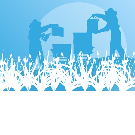 Beekeeper working in apiary background landscape for posterのイラスト素材