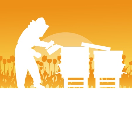 Beekeeper working in apiary background landscape for posterのイラスト素材