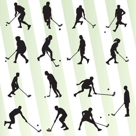 Floor ball player silhouette background sport set for posterのイラスト素材