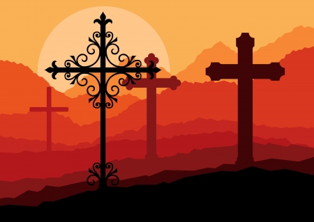 Cross on a hill at sunset vector background concept landscape for posterのイラスト素材