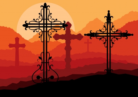 Cross on a hill at sunset vector background concept landscape for posterのイラスト素材