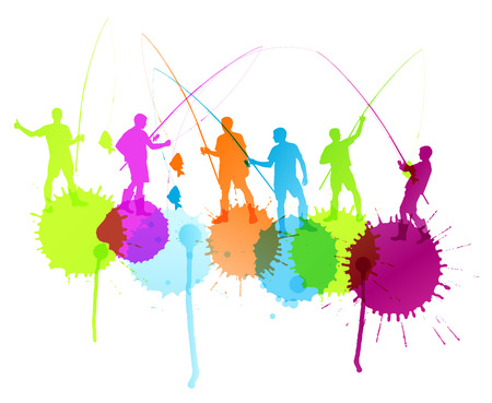 Fisherman, angler silhouette vector abstract background concept with ink splashesのイラスト素材