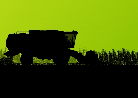 Agricultural combine harvester in grain field seasonal farming landscape scene illustration background vectorのイラスト素材