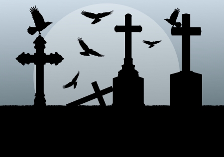 Halloween spooky graveyard, cemetery vintage background with grave crosses and ravenのイラスト素材