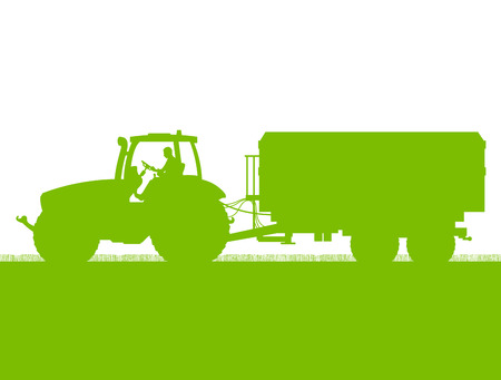 Agriculture tractor with corn trailer in cultivated country grain field landscape background illustration vectorのイラスト素材