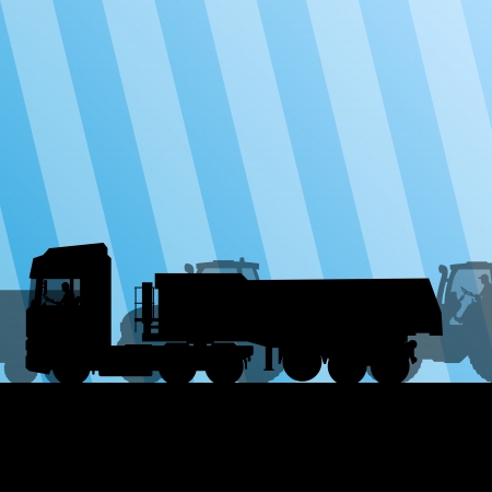 Heavy truck trailer and tractors at industrial road construction site vector background illustrationのイラスト素材