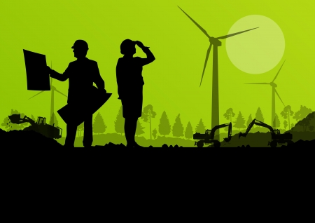 Engineers with excavator loaders and tractors digging at industrial construction site vector background illustrationのイラスト素材