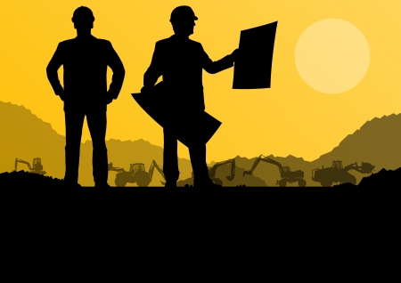 Engineers with excavator loaders and tractors digging at industrial construction site vector background illustrationのイラスト素材