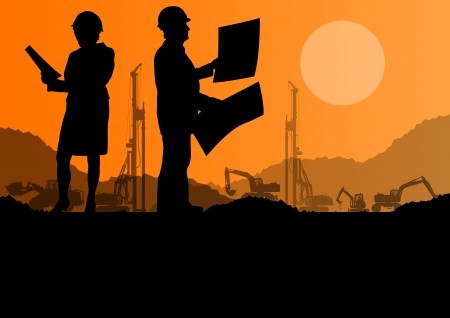 Engineers with excavator loaders and tractors digging at industrial construction site vector background illustrationのイラスト素材