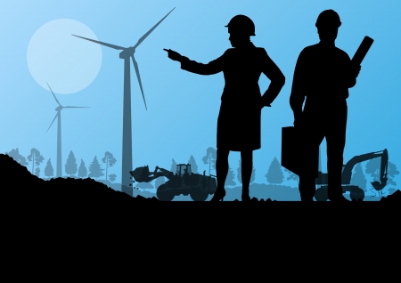 Engineers with excavator loaders and tractors digging at industrial construction site vector background illustrationのイラスト素材