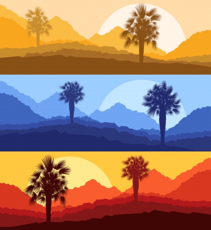 Palms and sun, tropical sunset vector background landscapeのイラスト素材