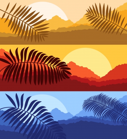 Palms and sun, tropical sunset vector background landscapeのイラスト素材