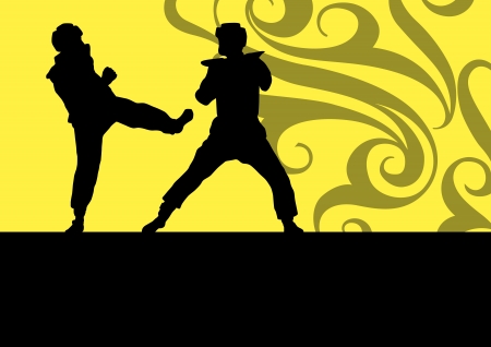 Active tae kwon do martial arts fighters combat fighting and kicking sport silhouettes illustration background vectorのイラスト素材