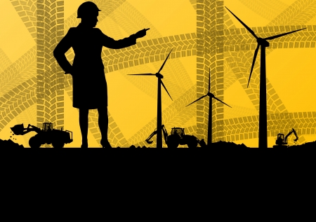Wind electricity generators with construction woman engineer and excavator in construction site landscape illustration background vectorのイラスト素材