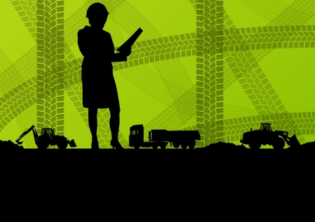 Engineer woman with excavator loaders and tractors digging at industrial construction site vector background illustrationのイラスト素材