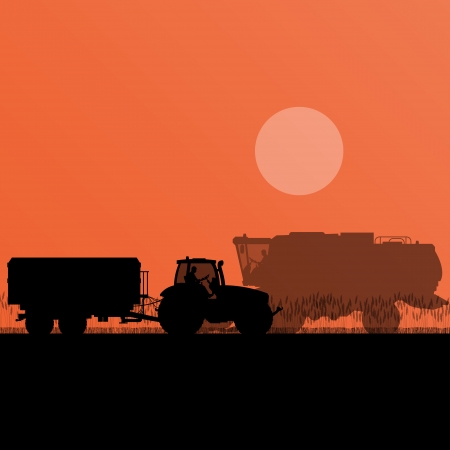 Agricultural combine harvester and tractor in grain field seasonal farming landscape scene illustration background vectorのイラスト素材