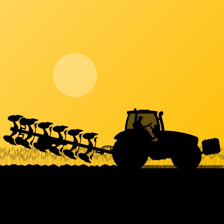 Agriculture tractor plowing the land in cultivated country grain field landscape background illustration vectorのイラスト素材