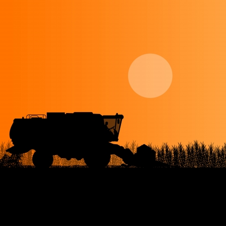 Agricultural combine harvester in grain field seasonal farming landscape scene illustration background vectorのイラスト素材