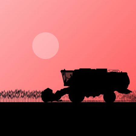 Agricultural combine harvester in grain field seasonal farming landscape scene illustration background vectorのイラスト素材